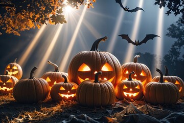 Enchanting Pumpkins Dancing under Moonlight with Bats and Glowing Light Beams