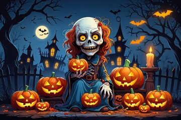 Spooky Halloween Scene Grotesque Cartoon Artwork for Kids Frightening Celebrations
