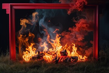 Fototapeta premium Vibrant Fall Colors Enchanting Orange Fire Background with Scarlet Frame Flickering Golden Flames and Drifting Smoke