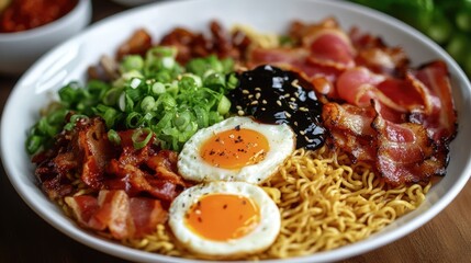 Delicious Ramen with Crispy Bacon and Sunny-Side-Up Eggs