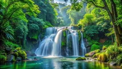 Obraz premium Majestic crystal clear waterfall cascading down lush green forest terrain amidst a serene natural backdrop of trees and foliage, nature, forest