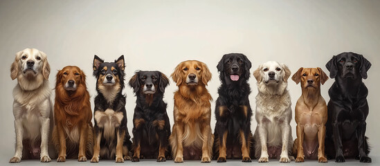 A diverse lineup of well-groomed dogs of different breeds and colors, ideal for pet care promotions, animal welfare campaigns, and dog-related events.