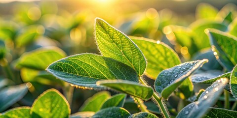 Close-up of dew-covered soybean leaves sparkling in the morning light, landscape, morning,  landscape, morning