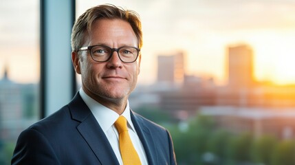 Professional man in a suit with sunset backdrop.