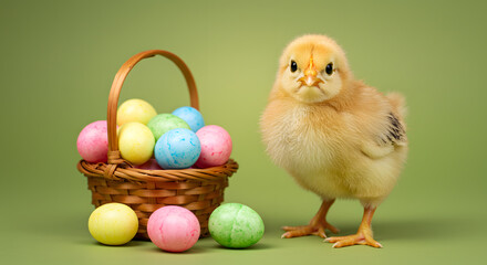 Adorable Easter Chick Beside a Basket of Colorful Eggs A Festive Springtime Scene