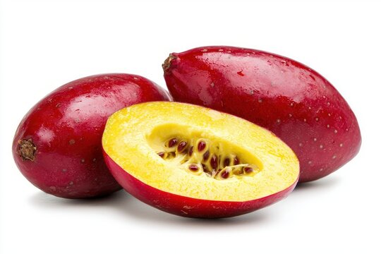 Three Delicious Exotic Babaco Fruits on a White Tabletop a Cut Half Featuring Seeds Rich Color