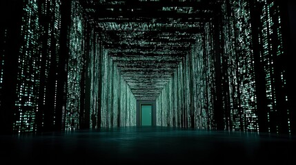 Fototapeta premium Abstract Digital Tunnel with Glowing Teal Lights and a Door