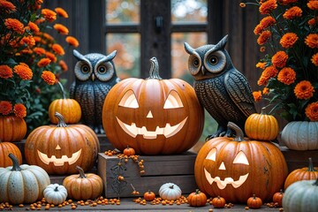 Obraz premium Charming Halloween Pumpkins and Enchanting Ghost Owls for October Home Decor