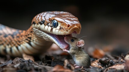 Obraz premium A brown snake opening its mouth to catch a small mouse