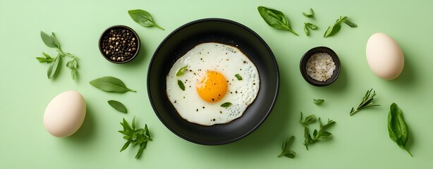 Overhead View of Fried Egg in Black Skillet with Fresh Herbs and Spices on Green Background