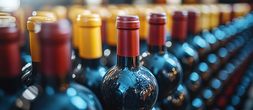 Rows of Bottled Red Wine with Colorful Caps in a Dimly Lit Cellar or Wine Storage Facility