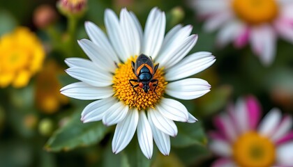 Fototapeta premium Macro shot shows an insect on a white daisy with yellow center
