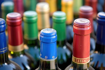 Colorful Bottle Caps of Wine in a Vibrant Display at a Market or Festival Scene