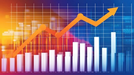 Abstract Financial Growth Chart with Rising Orange Line and White Bars on Blue Background