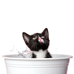 Curious Kitten Gazing Upward in Water Basin