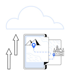Digital map with pyramids and castle, blue location pins, upward arrows, and cloud. Ideal for travel, technology, data storage, navigation exploration cloud systems innovation. Flat simple