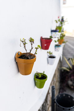Colorful geranium flower pots decorating a whitewashed village street