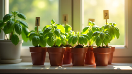 Obraz premium Close-up of small pots with young basil plants, labeled with wooden markers, arranged on a windowsill. The sunlight highlights the fresh leaves, evoking growth and joy in nurturing herbs.