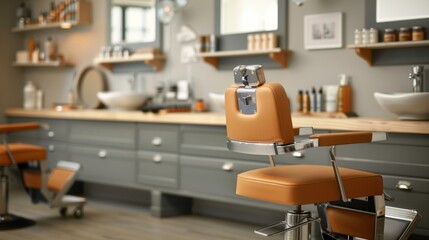 Modern barber shop interior with stylish furnishings.