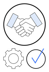 Handshake in circle represents partnership, with gear symbolizing process, and checkmark indicating success. Ideal for collaboration, teamwork, agreement, reliability, processes, trust achievement