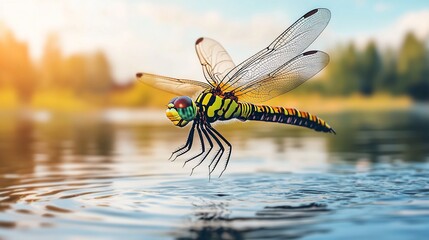 Naklejka premium Dragonfly hovering lake sunset nature background