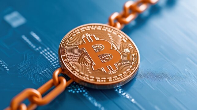 A close-up of a Bitcoin coin resting on a blue background, linked with an orange chain, symbolizing cryptocurrency and digital finance.