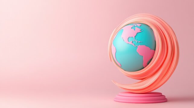 A colorful globe surrounded by swirling pink layers, creating a playful and modern representation of Earth. - Powered by Adobe