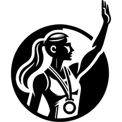 Sport emblem of girl winner of track and field competitions in monochrome. Engraving minimalistic vector in black ink drawing on transparent background
