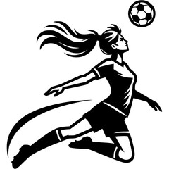 Sport emblem of female soccer player takes flying ball with headbutt in monochrome. Engraving minimalistic vector in black ink drawing on transparent background