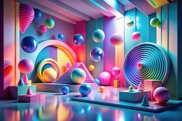 Fototapeta na wymiar Vibrant Abstract Composition Featuring Geometric Shapes and Illuminated Spheres in a Modern Setting