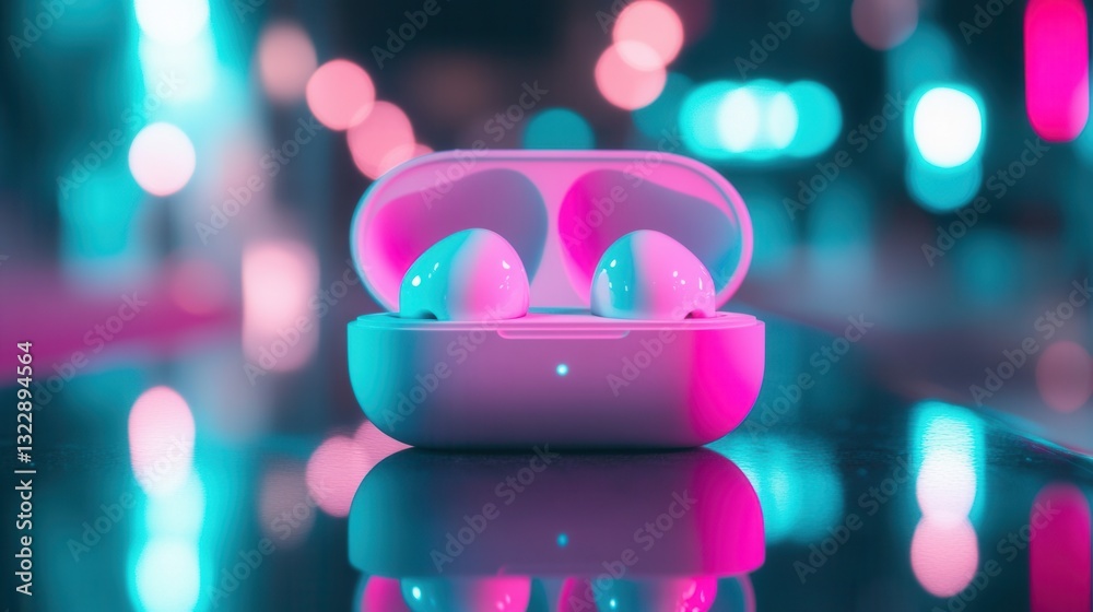Aufkleber wireless earbuds reflecting colorful lights in a dark setting with stylish ambiance and modern desig
