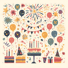 Naklejka premium Whimsical and festive cake and sweets candy birthday-themed illustrations and celebratory elements in a playful doodle style.