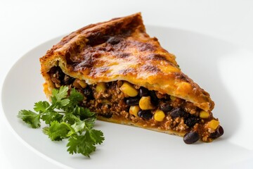 Delicious mexican pie with fresh parsley on white plate capturing culinary dish and savoury food