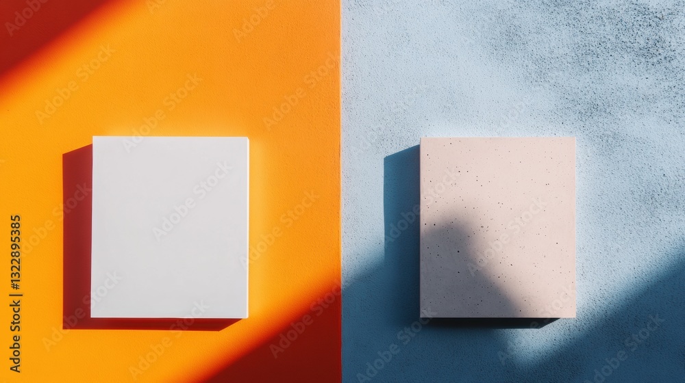 Poster minimalist color block design dynamic geometric shapes exploring light, shadow, and contemporary vis