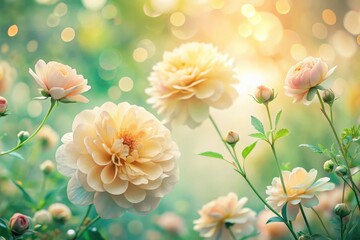 Fototapeta premium A sunlit garden showcases delicate, creamy-colored blossoms, their petals unfurling in soft, gentle light, creating a serene and peaceful atmosphere.