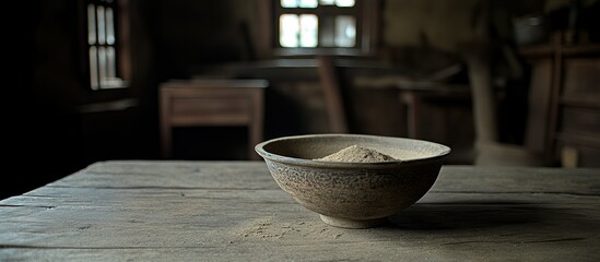 Bowl of Flour on Rustic Wooden Table in Dimly Lit Interior Setting of Vintage Kitchen