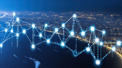 Aerial View of Illuminated City at Night with Glowing Network Connections