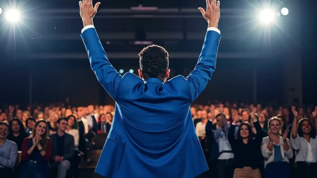 Motivational speaker raising hands on stage in front of cheering audience