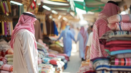 Obraz premium A Saudi Arabian marketplace with local goods and traditional clothing.