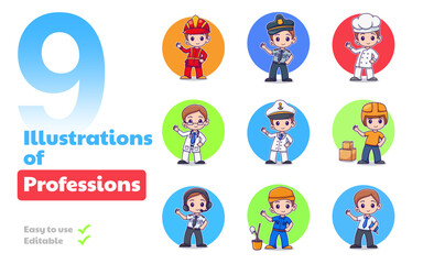 9 Professions set in cartoon flat style for children and advertisement, International Workers' Day, Labour Day