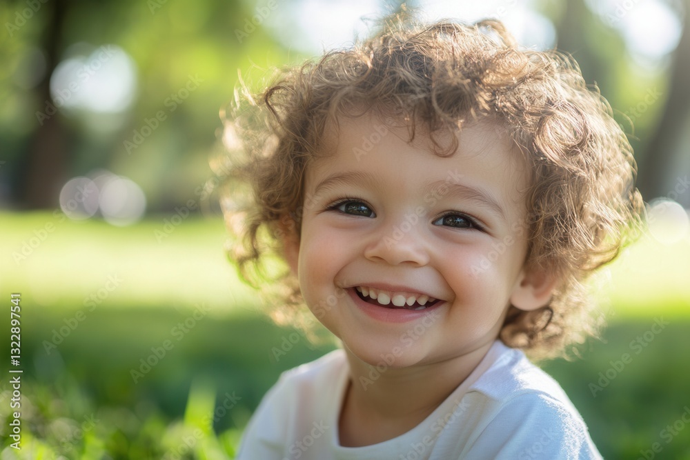 Poster smiling child enjoying a sunny day in the park with green grass and bright atmosphere