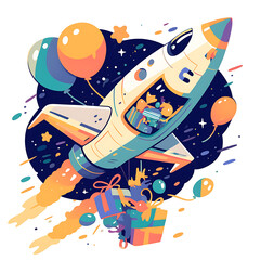 Whimsical and festive cake and sweets candy birthday-themed illustrations and celebratory elements in a playful doodle style.