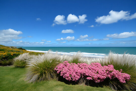 a photograph of colorful ornamental grasses and flowers growing on the bea