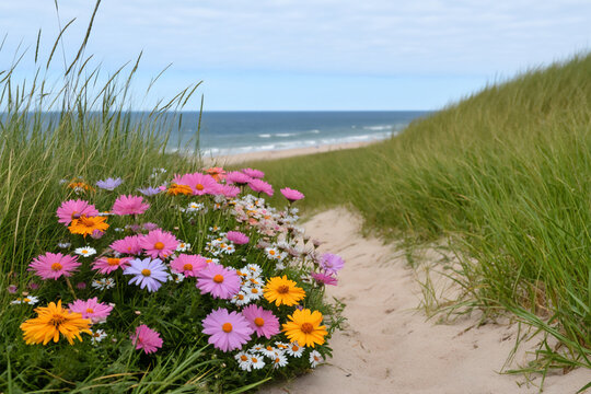 a photograph of colorful ornamental grasses and flowers growing on the bea