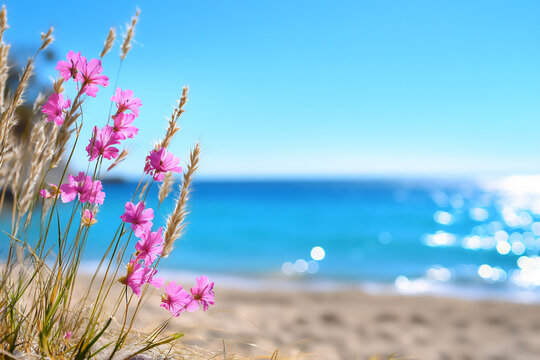 a photograph of colorful ornamental grasses and flowers growing on the bea
