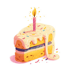 Whimsical and festive cake and sweets candy birthday-themed illustrations and celebratory elements in a playful doodle style.