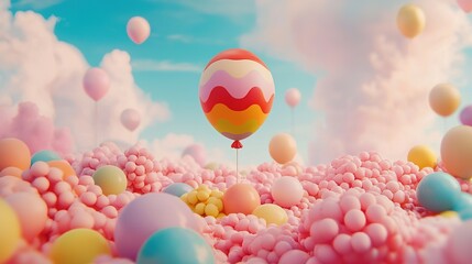 Surreal art whimsical balloon drifting through a colorful candyland dreamscape