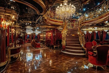 Luxurious Cruise Ship Interior Showcasing Grand Chandeliers and Elegant Velvet Drapes in a Stunning Atrium Setting