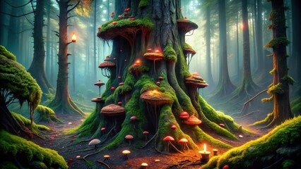 Fototapeta premium Enchanted Forest A Mystical Tree Adorned with Luminescent Fungi and Glowing Candles in a Foggy Woodland Setting