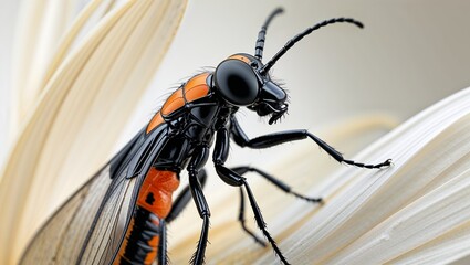 Fototapeta premium Close-up of a black and orange sawfly insect